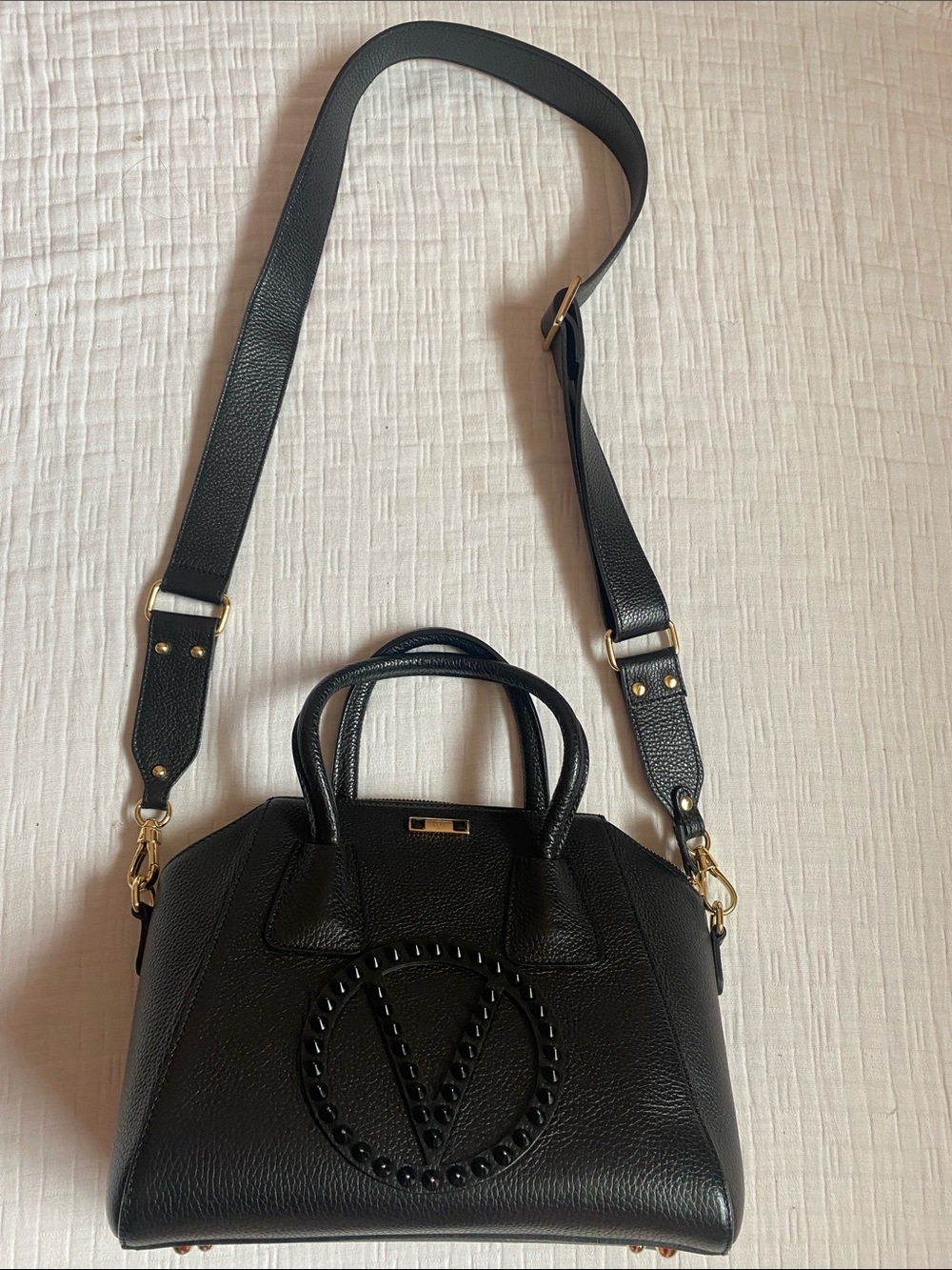 MARIO VALENTINO Made in Italy Black Leather Crossbody with Studded V Emblem